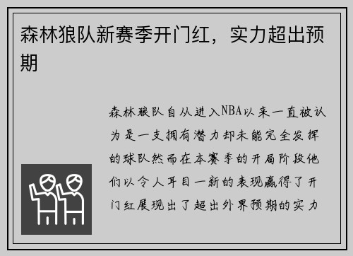 森林狼队新赛季开门红，实力超出预期